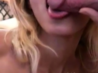 Blonde milf gives blowjobs on horny guys