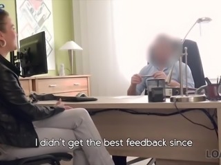 Teen babe bends over the table for a loan approval
