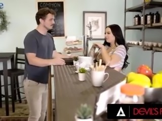 Busty brunette with pierced nipples hires a dude in her cafe and gets fucked...