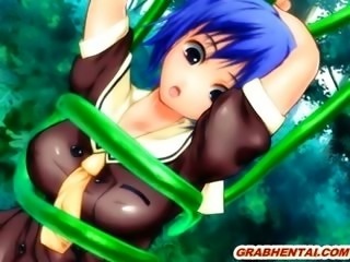Tied up 3d hentai gets poked ass and pussy by flower tentacles in the forest