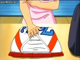 Hentai brunette taking a red toy