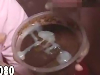 Asian bukkake cutie loves chocolate pudding with sperm on top