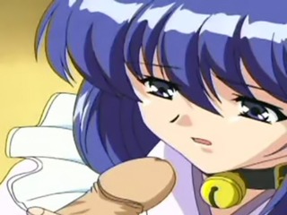 Beautiful blue haired girl in uniform tries to do her best during blowjob