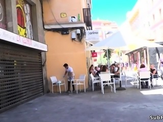 Painted huge tits blonde in public