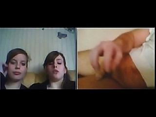 Two crazy teenage girls watch nasty guy masturbating during video chat