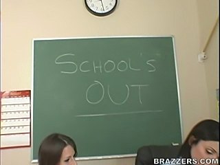 School orgy, 3 hot pussies share 2 cocks